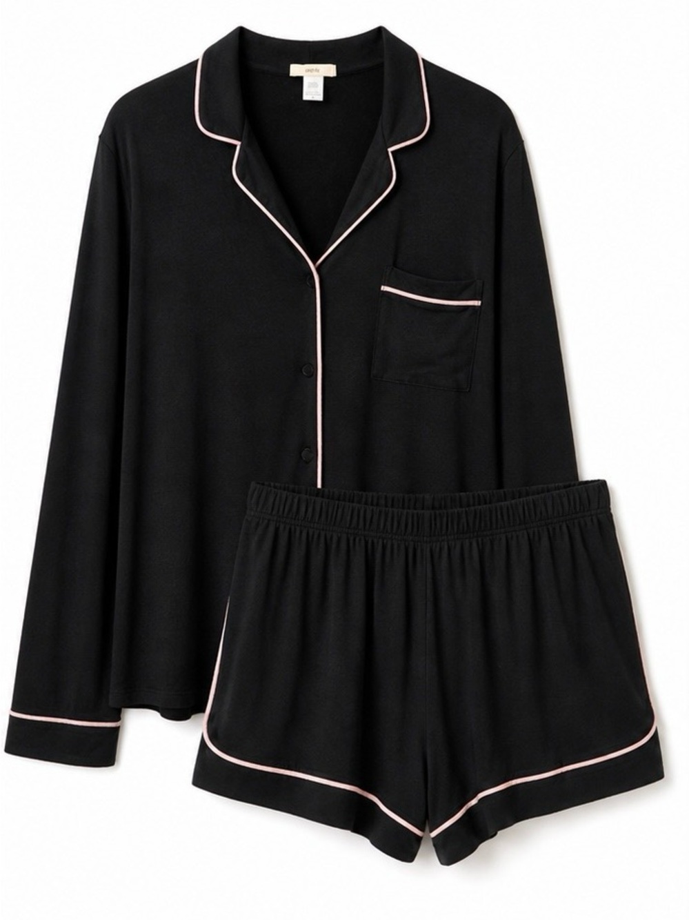 Eberjey Black Pajama Set with Pink Piping - Long Sleeve Top & Shorts